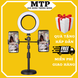 Đèn live stream để bàn 2 kẹp điện thoại cao cấp vòng led 16cm 3 màu ánh sáng Đèn livestream bán hàng đa năng