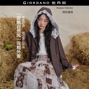 Giordano Women Loose lace paneled hooded jacket Free Shipping 18376609