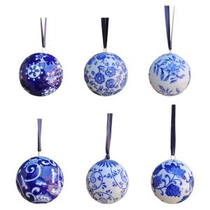 6 Pcs Christmas Porcelain Balls 2.4 Inch Blue and White Chinoiserie Ornament Bulk Hanging Decorative Ceramic Decor for Home Tree Party (Stylish Style)