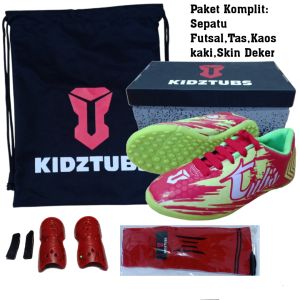 KIDZTUBS Sepatu Futsal Anak Paket Komplit Sepatu Futsal Tas Skin Deker Kaos Kaki Usia 6-10 Tahun Size 28 29 30 31 32 33 34 35 36 37 KDZ1545011625