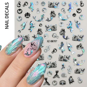 ZEEMIN  12Pcs Laser Blue Black Summer Sea Nail Stickers 3D Mermaid Shell Starfish Butterfly Press On Nails Slider Deco Shiny Nail Decals