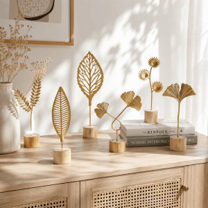 HCHC MALL Wood Base Wrought Iron Ornaments Metal Art Flower  Ornaments Light Luxury Hollow Out Ginkgo Leaf Ornament Office