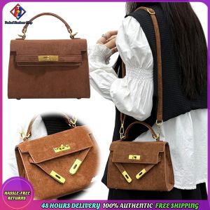 Vodool Women Faux Suede Retro Shoulder Bag Solid Color Top Handle Bag for Daily Use