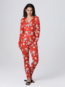 Christmas Women Pajamas Jumpsuit for Women Sleepwear V Neck Long Sleeve Christmas Cartoon Printed Pajamas Overall Homewear