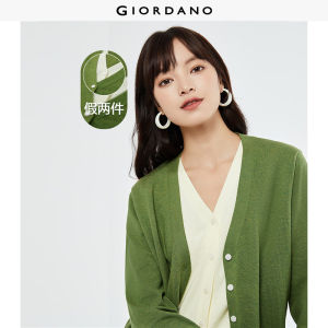 Giordano Women Fake 2-piece contrast color v-neck cardigan Free Shipping 18353206