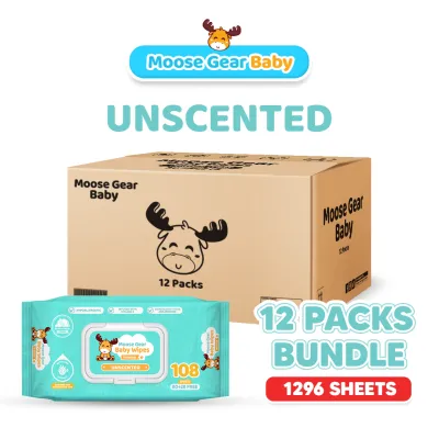 Moose Gear Baby Wipes Premium Unscented 12PACKS (1BOX) with Vitamin E & Aloe Extract Thick & Soft