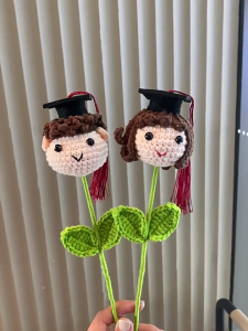 Soft Yarn Crochet Boy/Girl/Dog Flower Bouquet with Graduation Hat Academic Achievement Gift for Students and Teachers