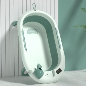 Chậu tắm gấp gọn trẻ em silicon cỡ lớn có nhiệt kế 9BABY màu xanh lá