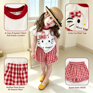 AILEBE Kids Sets A-Class Polyester Terno Short Sleeve Top Shorts Set Soft Elastic All-Season Wear Comfy Pambahay OOTD For Baby Girls 0-5 Years