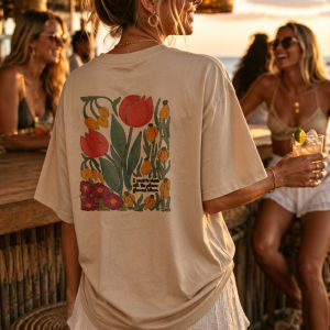 [Local Stock] HBESTY  Floral Crew Neck Short Sleeve Cotton T-Shirt with Tulips Daisies Botanical Illustration Red Orange Purple Flowers Green Tops Tee