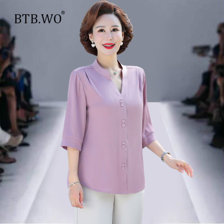 BTB.WO middle aged woman blouse casual Short sleeve shirt clothes
