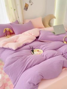 ins Simple Princess Style Washed Cotton Four-Piece Bedding Set Dormitory Student Dormitory Duvet Cover Bed Three-Piece Set LZD