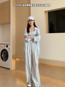 AMMIN กางเกงกางเกงขาม้าคอตตอนลินินลายทางแนวตั้งสำหรับผู้หญิงกางเกงเอวสูงยืดเข้ารูปเอวสูงทรงตรงมาใส่ฤดูร้อน2024