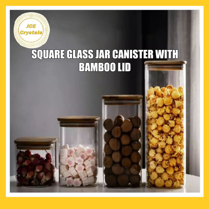 SQUARE GLASS JAR CANISTER WITH BAMBOO LID GLASS STORAGE