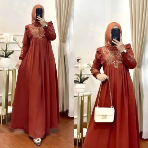 Gamis Bordir Elegan Lengan Panjang - Dress Muslimah Wanita Motif Bordir Mewah