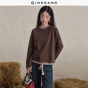 Giordano Women Striped trim drop shoulder long sleeve knit tee Free Shipping 18326312