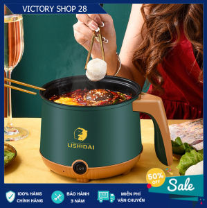 Nồi lẩu điện mini đa năng dung tích 1.8L nồi nấu mỳ 2 nấc nhiệt nồi lẩu 1 người đa năng 2 tầng tặng kèm giá hấp inox công suất 600W