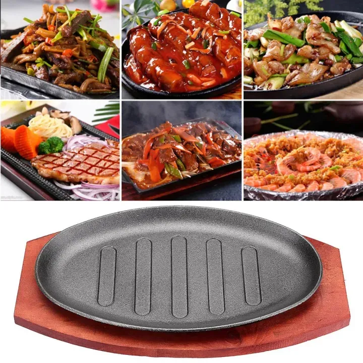Sizzling Plate with Wood Base 10in Hot Plate Steak Cast Iron Skillet Household use or Restaurant Kit