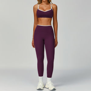 AE Zechuang Contrast Color Trimmed Sports Suit for Women Tight-Fitting Beautiful Back Bare-Skin Feel Yoga Outfit Sports Outdoor Fitness Set 9238