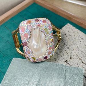 Raw Baroque Freshwater Pearl Open Bangle Women Natural Tourmaline Crystal Cuff Bracelet AB Color Rhinestone Fashion Jewelry h260610