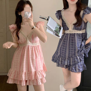 YTM แถบลายทาง ชุดนอนกางเกงขาสั้นแขวน พร้อมแผ่นอก เสื้อจับจีบ ชุดนอนสองชิ้น สไตล์อิน ไร้แขนเสื้อ ชุดนอนของผู้หญิง สำหรับผู้หญิง