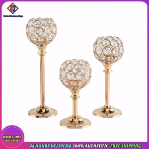Vodool Set of 3 Tealight Candlestick Holders Crystal Bowl Gold Candelabras