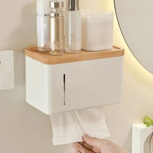 CUNXIN with Cover Waterproof Toilet Paper Holder No Punching Waterproof Design Beech Paper Box Waterproof Holder Wooden Material Bathroom Storage Rack Bathroom Storage