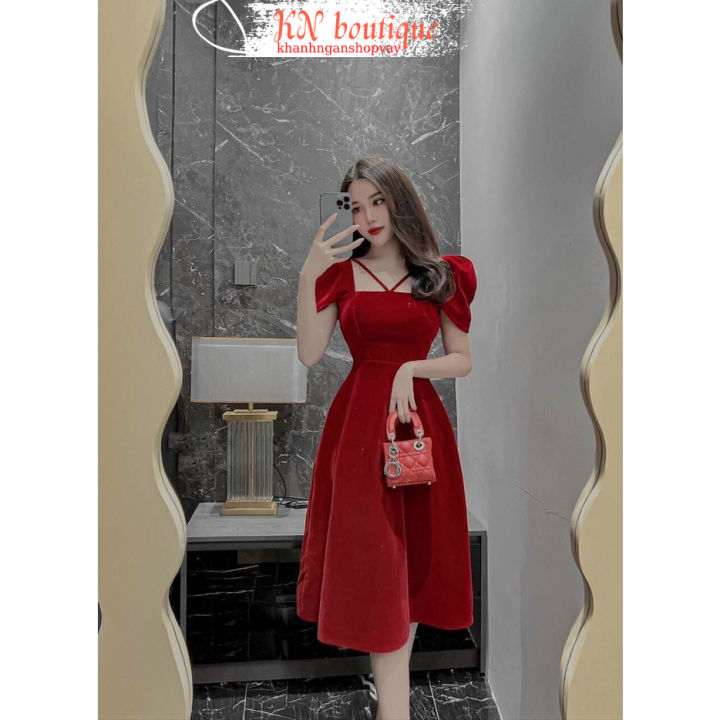 Đầm đỏ dáng xòe phối thắt lưng KK165-35 | Thời trang công sở K&K Fashion