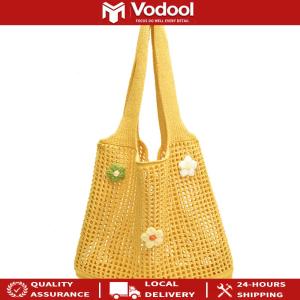 Women Knitted Tote Bag Crochet Shoulder Bag Large Capacity Woven Hobo Bag with Flower Decor Casual Beach Bag Simple Summer Bag