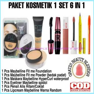 Paket Makeup Wanita Lengkap Murah 1 Paket / Paket Kosmetik Maybelline Matte Poreless New Fit me 1 Set 6 in 1 - Foundation + Bedak + Maskara Maybelline + Eyeliner + Lipstik + Pensil Alis + Gratis Spon Beauty Blender