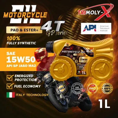 TRIMOLY-X GP SERIES 15w50 4T 1L ESTER+PAO Fully Synthetic API SP JASO MA2 Motorcycle Engine Oil Minyak Hitam Pelincir