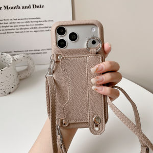 Crossbody Strap Leather Card Holder Wallet Case for iPhone 17 Pro Max 16 Slim Matte Hand Strap Wristband Kickstand Phone Cover