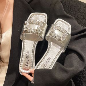 [Free Shipping] WomenS Square-Toed Flat Sandals 2025 Summer New Style With Rhinestone Square Buckle