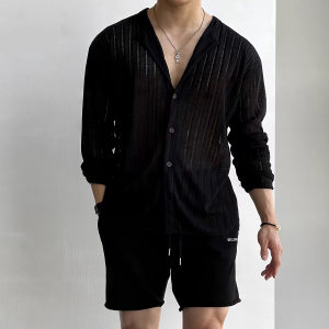 HUILISHI Resort style hollow knitted long-sleeved mens fashionable casual plain shirt/cardigan