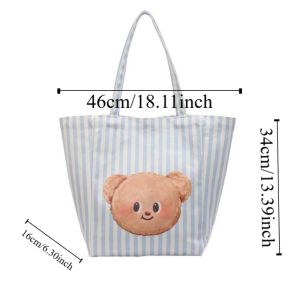 HORAC Kawaii Butterbear Tote Bag Canvas Cartoon Printed Stripe Handbag Thai Style Yellow Yellow Bear Shoulder Pouch Women