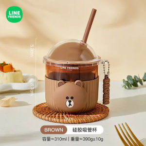 310ml LINE FRIENDS Anime Kawaii Cony Sally Straw Cup Brown Girl Cute Summer Home Office Cartoon with Lid Glass Milk Cup GiftsEIRU-2IJ