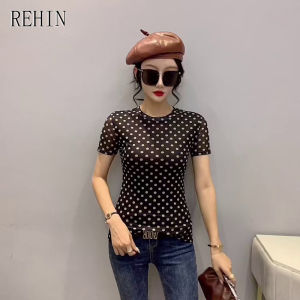 REHIN เสื้อยืดคอกลมแขนสั้นพิมพ์ลายจุดตาข่ายของผู้หญิงเสื้อทันสมัยทรงสลิมฟิตแขนสั้นฤดูร้อนปี S-3XL