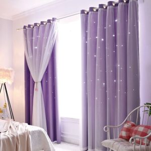 HUYAN Double Layer Stars Curtains Hollow Out  Stars Romantic Tulle Blackout Curtains Modern Style Colorful Windows Drapes Girls Princess
