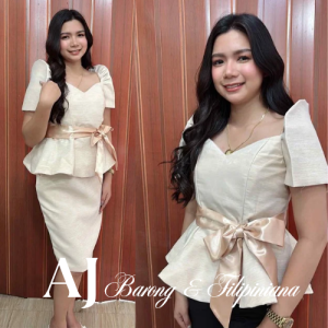 Filipiniana sweetheart peplum blouse and pencil skirt venusha fabric