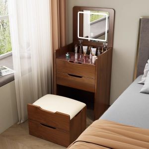 [Free Installation] Multi-functional Flip-top Mini Vanity Table with Storage Cream-colored for Simple Bedroom Style