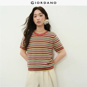 Giordano Women Colorful striped short sleeve cotton knitwear Free Shipping 18356711