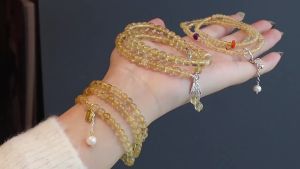 New Citrine Natural Crystal Bracelet Golden Rutilated Quartz Wealth Girl Bracelet Three Circle Design Sense Beaded Jewelry