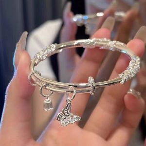 New Silver Solid Metal Engraved Bracelt Delicate Adjustable Floral Butterfly Bracelet Fashion Jewelry Anniversary Auspicious Birthday Engagement Wedding Gift For Woman