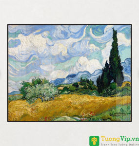 Tranh Laminate Tráng Gương - Tranh Trang Trí Phòng Khách Nghệ Thuật Vincent Van Gogh - Cánh Đồng Lúa Mì Với Cây Bách - A Wheatfield with Cypresses (1889)