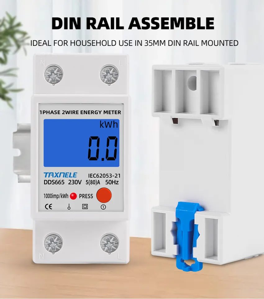 Single Phase Energy Meter DIN Rail - 80A 230V AC KWh Counter, LCD Display Voltage Current Power Monitor