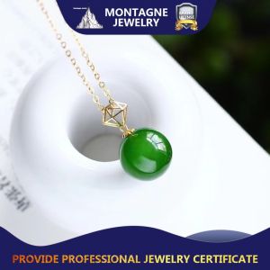 Montagne Jewelry 18k Pure Gold Diamond Design Fine Jewellery Natural Round 11-12mm Grade A Green Jade Pendant Elegant Necklace