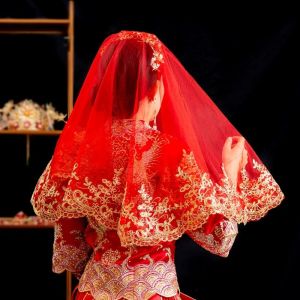 SELENAAL Short Gold Embroidery Red Bridal Veil Gauze Lace Chinese Wedding Gowns Exquisite Elegant Wedding Head Cover Phoenix Wedding Accessories
