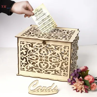 【In-Stock】 Wood Wedding Box DIY Gift Boxes Wooden Wedding Money Box Holder for Reception Anniversary Birthday Party with Lock