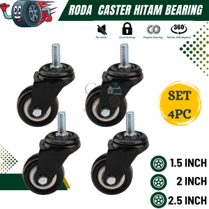 RODA CASTER LEMARI BEARING HITAM UNTUK TROLY SET 4 PC HIDUP 1.5 - 2 - 2.5 INCH