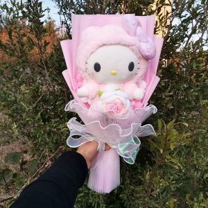 Kuromi Hello Kitty Sanrio Plush Doll Woolen Handwoven Rose Bouquet Cinnamoroll Stuffed Plushies Valentines Day Christmas Gifts